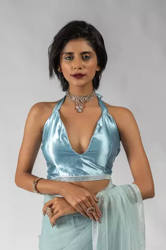 Ready to wear Blue embroidered net one minute saree with blouse piece