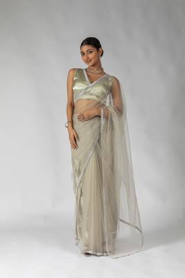 grey embroidered net one minute saree 1