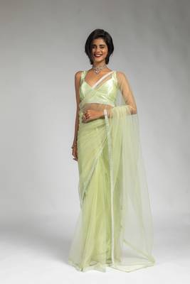 light green embroidered net one minute saree 1