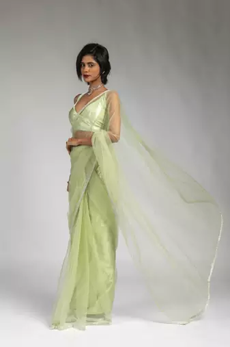 light green embroidered net one minute saree