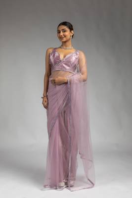 ready to wear lavender embroidered net one minute saree 1