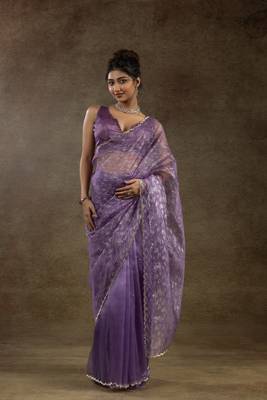 pre draped lavender woven tissue crush one minute saree 1