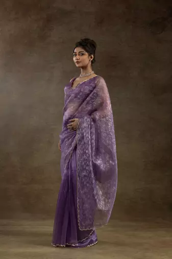 pre draped lavender woven tissue crush one minute saree
