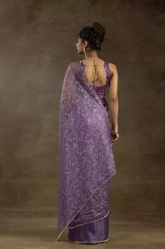 pre draped lavender woven tissue crush one minute saree