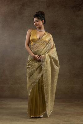 ready made mustard woven tissue crush saree 1
