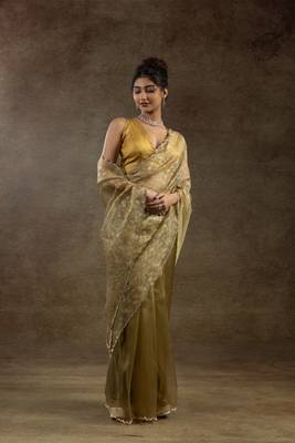 ready made mustard woven tissue crush saree 3