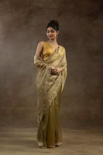 ready made mustard woven tissue crush saree