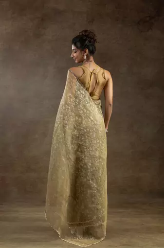 ready made mustard woven tissue crush saree