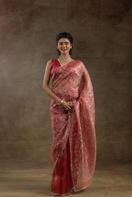pre-stitched peach woven tissue crush saree 1
