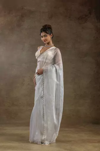 white woven tissue crush one minute saree