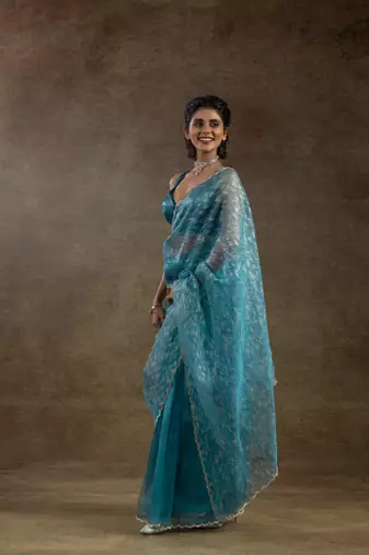blue woven tissue crush one minute saree