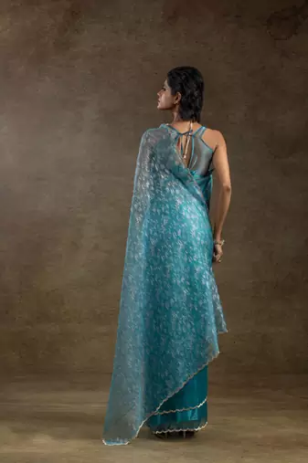 blue woven tissue crush one minute saree