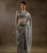 Grey woven tissue crush one minute saree with blouse piece
