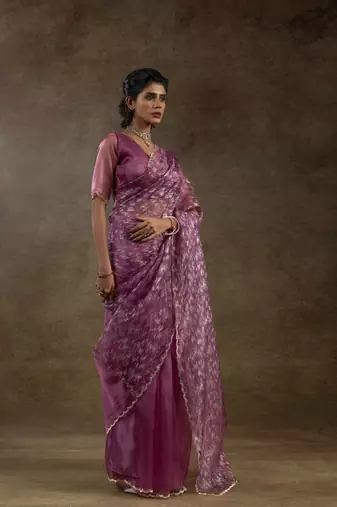 onion pink woven tissue crush one minute saree