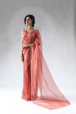 peach plain tissue silk one minute saree 1
