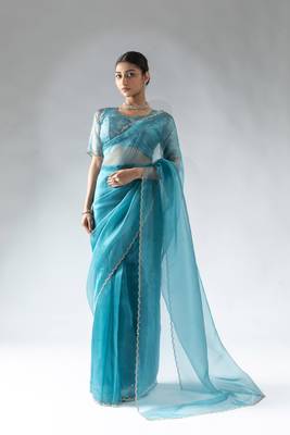 blue plain tissue silk one minute saree 1