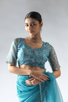 blue plain tissue silk one minute saree 5