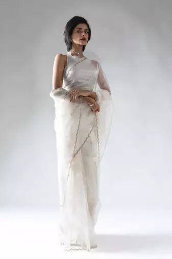 white plain tissue silk one minute saree