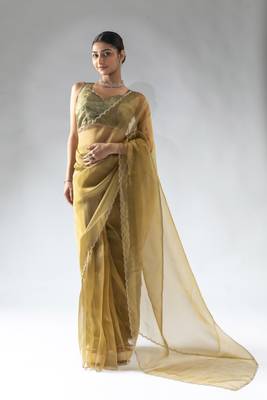 mustard plain tissue silk one minute saree 1