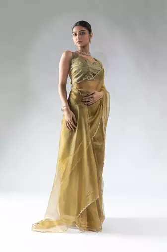 mustard plain tissue silk one minute saree