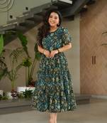 Green georgette floral printed fully flared gown