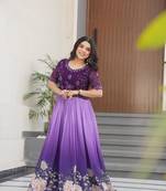 Purple georgette beads embroidered and digital printed flared gown