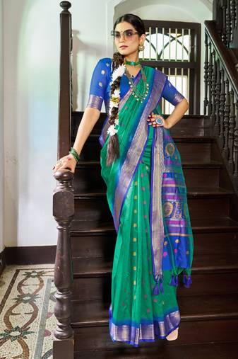 Green Elegant Slub Blend linen Tassels Saree WIth Blouse