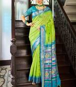 Parot Green Elegant Slub Blend linen Thread Work Tassels Saree WIth Blouse
