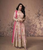Coral fuax georgette sequence embroidery work with digital print suit-max up to 42"