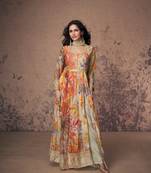 Beige fuax georgette sequence embroidery work with digital print suit-max up to 42