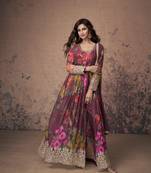 Wine fuax georgette sequence embroidery work with digital print suit-max up to 42