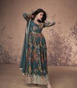 Teal fuax georgette sequence embroidery work with digital print suit-max up to 42