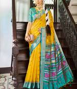 Yellow Elegant Slub Blend linen Thread Work Tassels Saree WIth Blouse