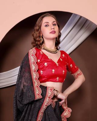 Black Colour Chickenkari Style Zal Embroidery Work Saree With Blouse 4