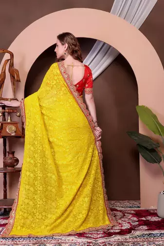 Yellow Colour Chickenkari Style Zal Embroidery Work Saree With Blouse