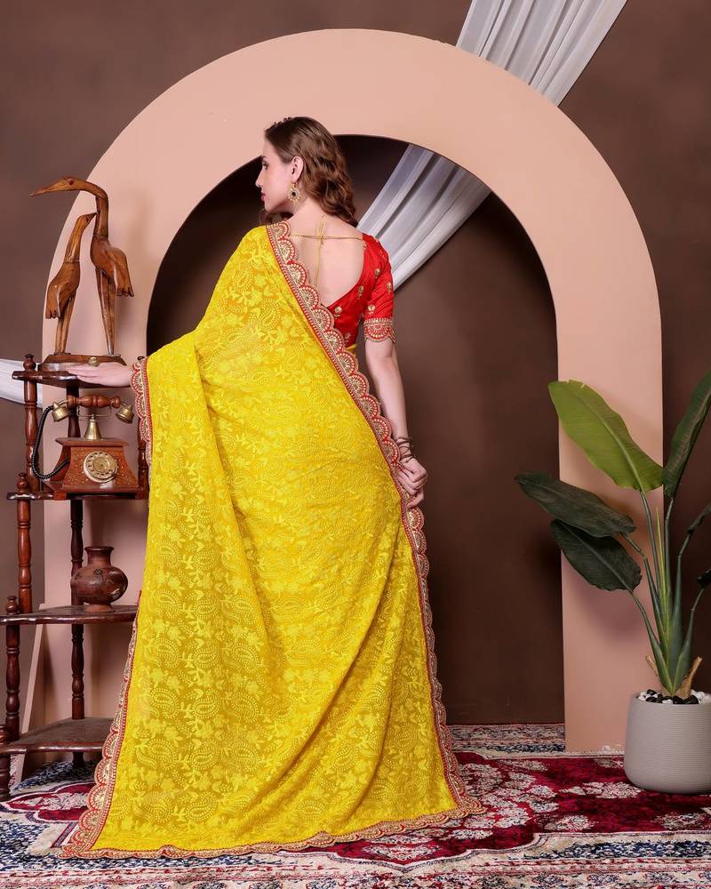 Yellow Colour Chickenkari Style Zal Embroidery Work Traditional Saree With Blouse