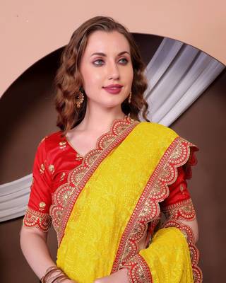 Yellow Colour Chickenkari Style Zal Embroidery Work Saree With Blouse 5