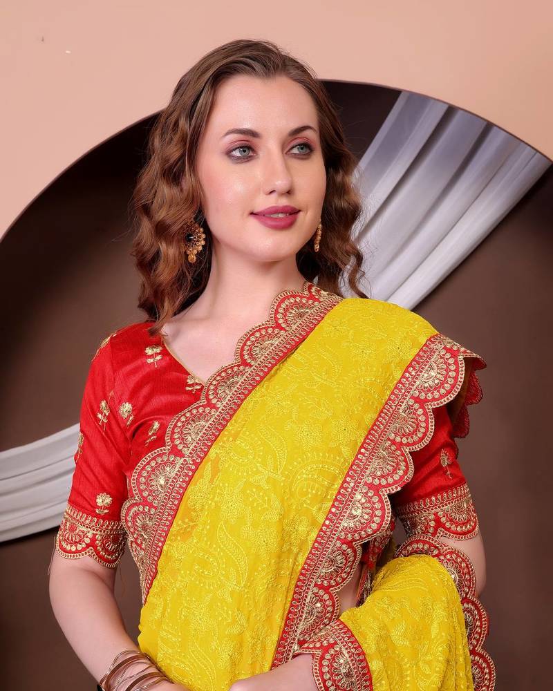 Yellow Colour Chickenkari Style Zal Embroidery Work Traditional Saree With Blouse
