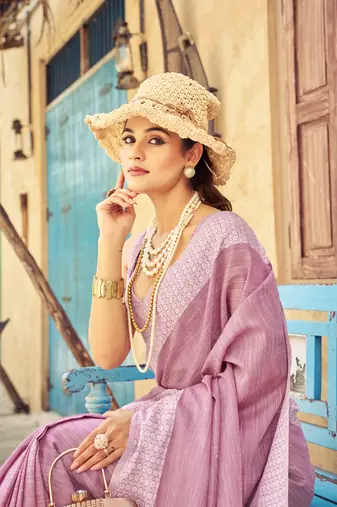 Light Pink Linen Thread work Border Saree With Blouse