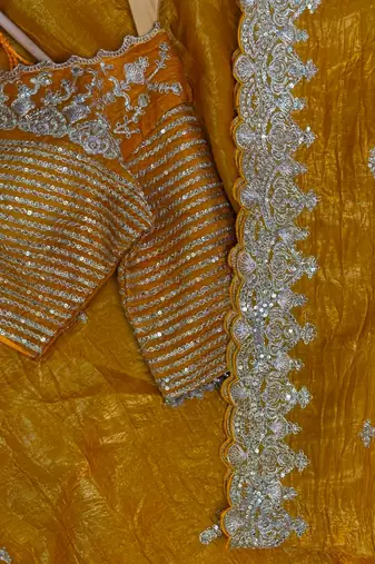 Mustard Yellow Organza silk blend saree 