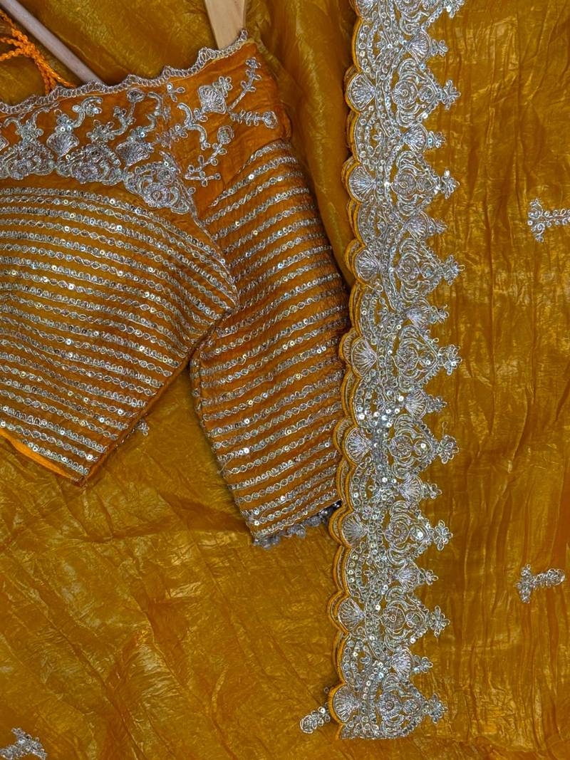 Mustard Yellow Organza silk blend saree 