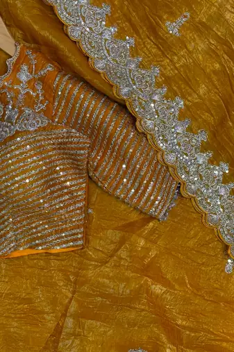 Mustard Yellow Organza silk blend saree 