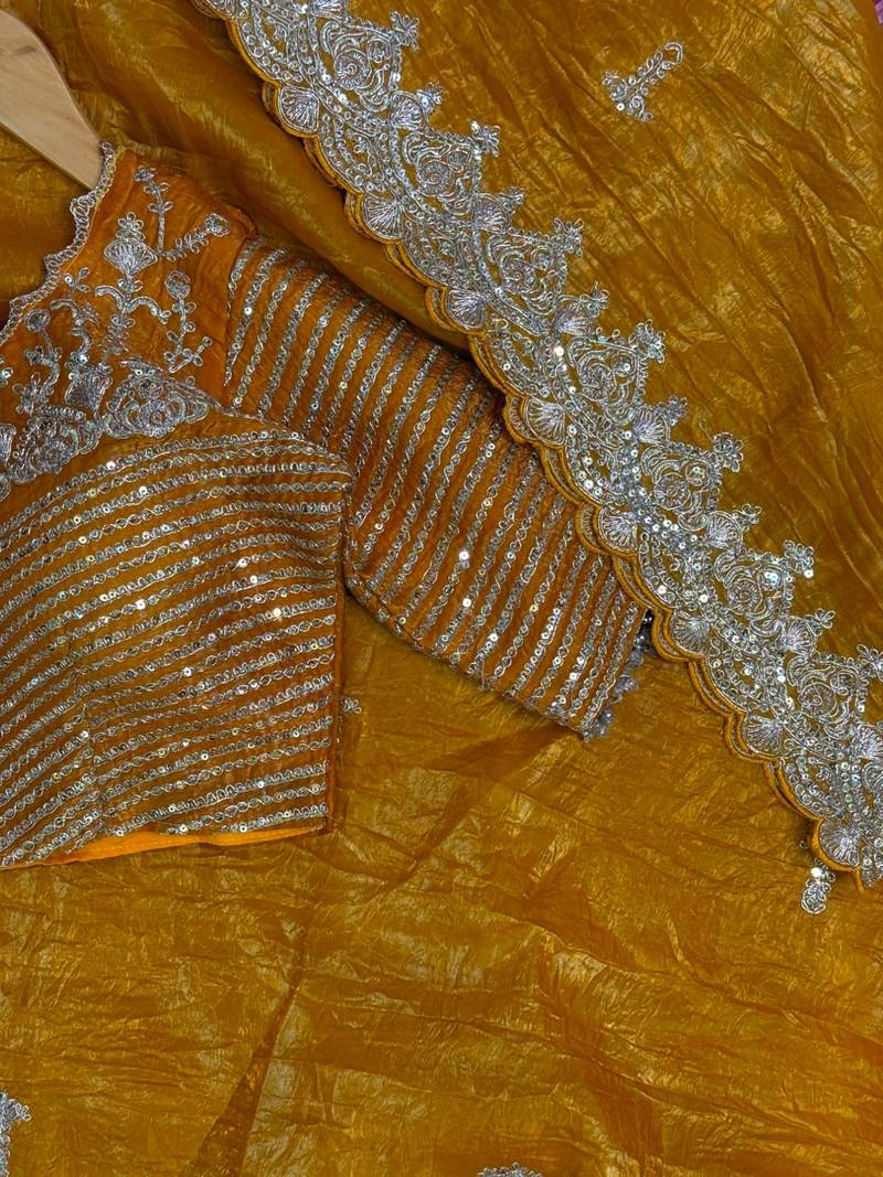 Mustard Yellow Organza silk blend saree 
