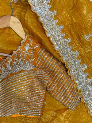 Mustard Yellow Organza silk blend saree  4