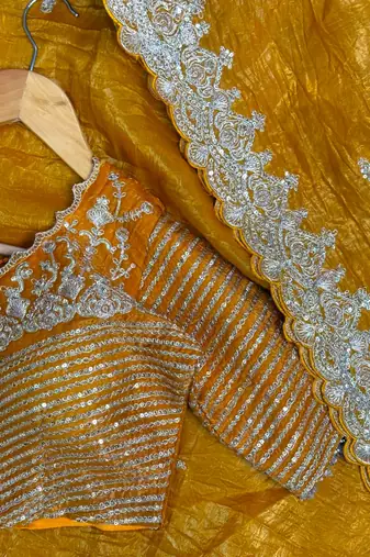 Mustard Yellow Organza silk blend saree 