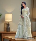 Pista Green Heavy Sequence Work Georgette Short Kurta With Sharara & Dupatta