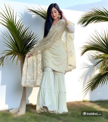 Pista Green Heavy Sequence Work Georgette Short Kurta With Sharara & Dupatta 2