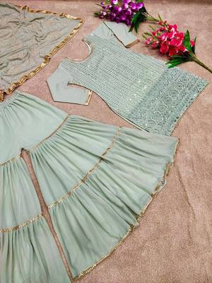 Pista Green Heavy Sequence Work Georgette Short Kurta With Sharara & Dupatta 3