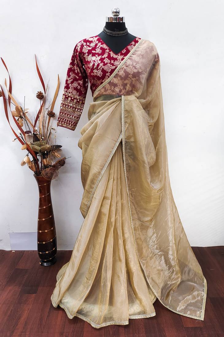 Light Brown Silk Tissue Saree with Sequin and Thread Embroidered Blouse(Stitched-38)