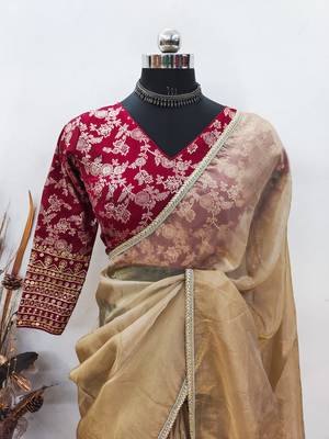 Light Brown Silk Tissue Saree with Sequin and Thread Embroidered Blouse(Stitched-38) 5